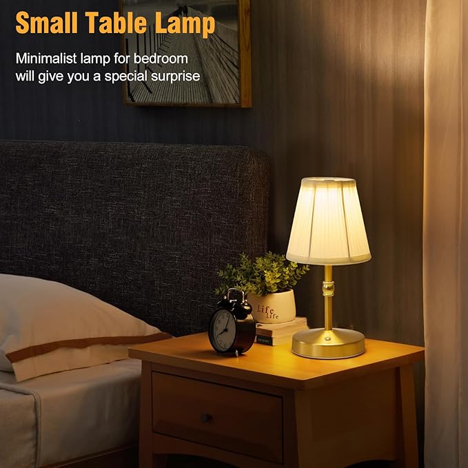 Cordless Mini Lamps Gold,3000 mah Battery Operated Lamp,3 Color Temperature Dimmable Table Lamp,Small Rechargeable Table Lamp Fabric,Aesthetic Small Kitchen Lamp for Counter,Dinner (Gold,2 Pack)