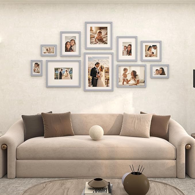 Egofine 9x12 Picture Frame Made of Solid Wood with Plexiglass, Display Pictures 5x7/6x8 with Mat or 9x12 without Mat, for Tabletop and Wall Mounting Photo Frame, Light Gray