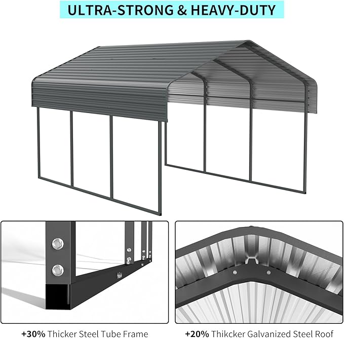 10x15 FT Metal Carport, Heavy Duty Car Port Canopy with Galvanized Steel Roof & Frame, Large Metal Carport Kit, Steel Car Shelter, Outdoor Car Garage for Car, Boat, Truck, Black