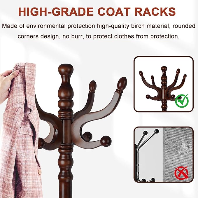 Coat Racks Freestanding, Natural Wood Coat Stands with 11 Hooks, 75" Heavy Duty Adjustable Height Vintage Hall Tree for Entryway, Bedroom, Office, Easy Assembly (Dark Brown)