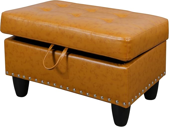 Ottoman Rectangular Storage Ottoman Bench, Faux Leather Footrest, Coffee Table, Stool Footstool with Hinged Lid for Living Room, Bedroom, Entryway, Ginger, 28.5"x19"x17.5"