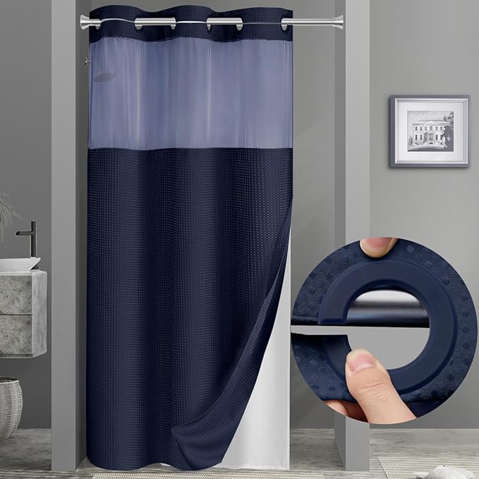 YellyHommy Stall No Hook Shower Curtain with Snap in Liner Set Less Time Blue Waffle Shower Curtain for Bathroom 75" L x 36" W