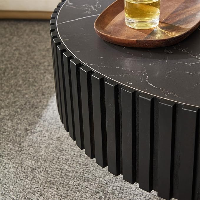 Round Coffee Table for Living Room, Accent Fluted Drum Stone Coffee Table with Storage, Modern Solid Wood Circle Center Tea Table for Small Space Apartment (35.4''D×14''H-Black)