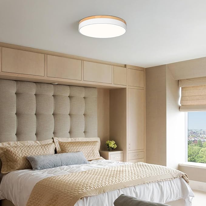 Modern Dimmable LED Close to Ceiling Light Minimalist Wood Oak Flush Mount Ceiling Light Fixture Circle Lighting with Lampshade for Bedroom Living Room Bathroom Laundry Room (White, 15.7'')