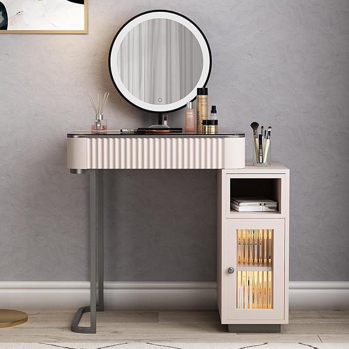 Lartis Makeup Vanity, Makeup Vanity with LED Makeup Mirror, Three Adjustable Light Levels, Tempered Teal Glass countertop