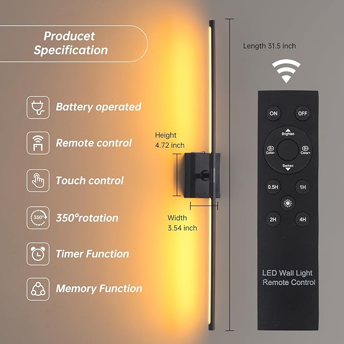 Battery Operated Wall Sconce Set of 2, 5000mAh Rechargeable Wall Sconces with Detachable Battery, Indoor 350°Rotate Wall Lights for Bedroom Living Room, Black, 31.5 Inch