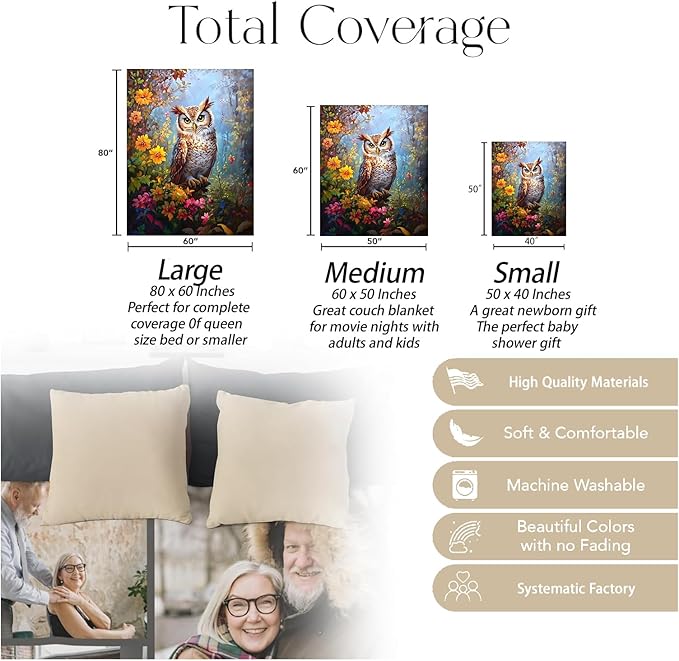 Owl & Floral Blanket, Soft Cozy Warm Throw Blanket Gifts for Adults Kids Women, Lightweight Comfy Fuzzy Flannel Blankets for Couch, Travel, Car, Home Decor 50×40 Inch