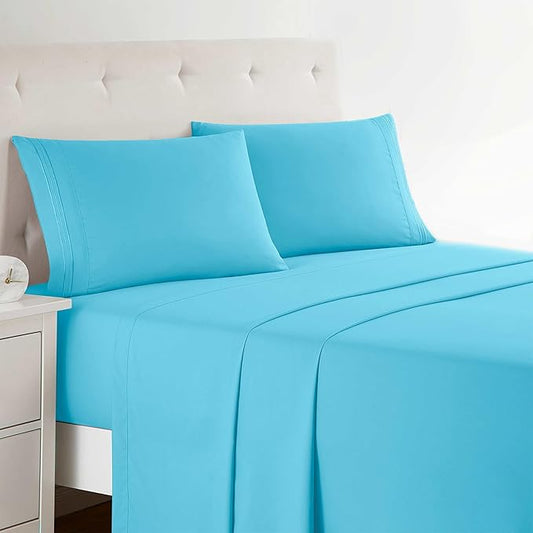 Clara Clark Bed Sheets, Premier 1800 Series 4 Piece Bed Sheet Set, Deep Pocket, Wrinkle, Fade, Stain Resistant, Luxury Soft Bedding Sheets & Pillowcases, California King, Beach Blue