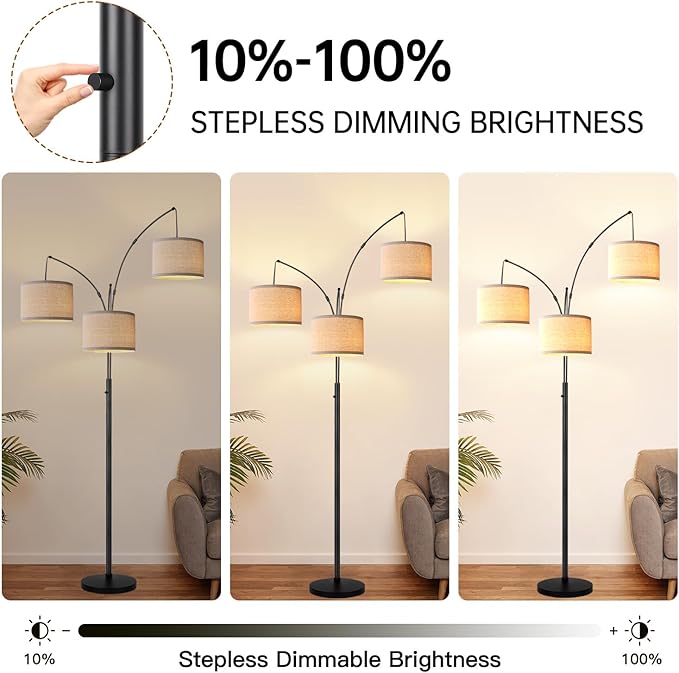 Dimmable Floor Lamp, 3 Lights Black Arc Floor Lamps for Living Room, Modern Tall Standing Tree Lamp with Linen Shade & Heavy Base, Large Floor Lamp for Bedroom Office, 3x1000 LM LED Bulbs Included