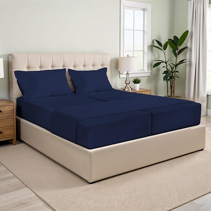 XOOX Linen Split King Sheets Sets for Adjustable Bed - 100% Cotton 500 Thread Count Split Head King Sheets (5 PC, Navy Blue), Soft, Cooling Sateen Weave Sleep Number Deep Pocket Bed Sheet Set