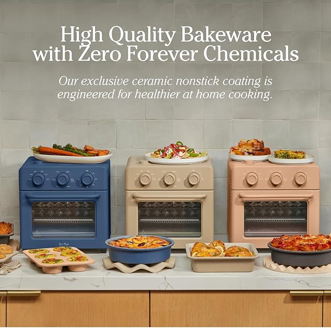 Our Place Wonder Oven Baker’s Kit – 3-Piece Toxin-Free Ceramic Nonstick Bakeware Set (8” Round, 8” Square, 6-Cup Muffin Pan) - Oven-Safe up to 450°F - Blue Salt