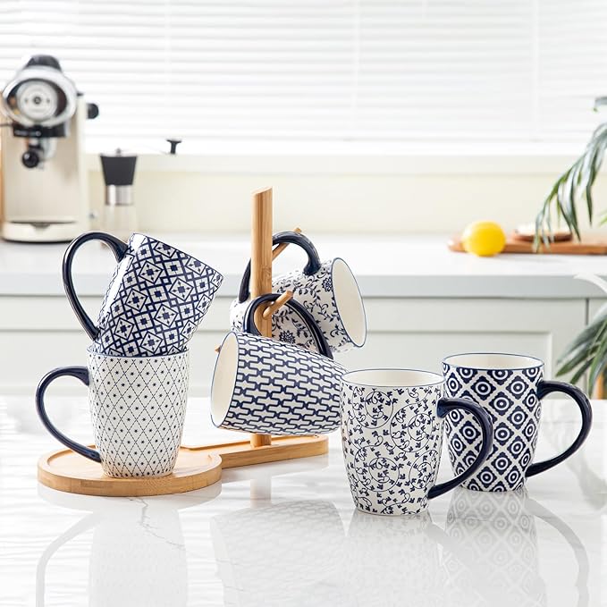 Ceramic Coffee Mugs Set - 16 Oz Large Porcelain Tea Cups with Handle for Men Women Latte Cocoa Cappuccino - Christmas Housewarming Gift - Dishwasher Safe - Set of 6 - Vintage Blue