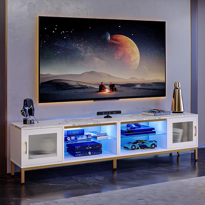 Bestier 80 Inch TV Stand for TVs Up to 85", 4 in 1 Entertainment Center with LED Lights, Modern Media Console Table with 2 Storage Cabinets & Adjustable Shelves for Living Room Bedroom, White Marble