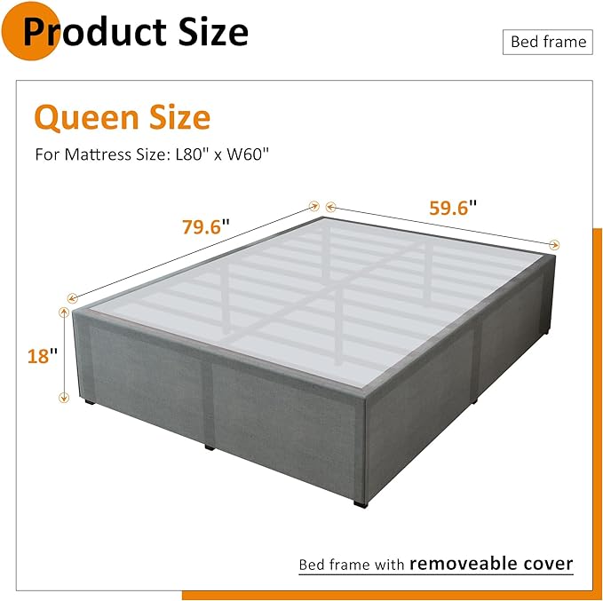 Queen Bed Frame with Fabric Cover 18 Inch, Heavy Duty Metal Bed Frame Queen Size, No Box Spring Needed, Support Up to 3000 lbs, Easy Assembly, Noise Free, Black