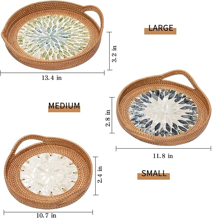 3 Pack Round Rattan Tray, Natural Handwoven Rattan Serving Tray with Mother Pearl Inlay Base, Decorative Boho Coffee Table Trays with Handles, Wicker Organizer for Snacks, Jewelry, Candles, Vanity