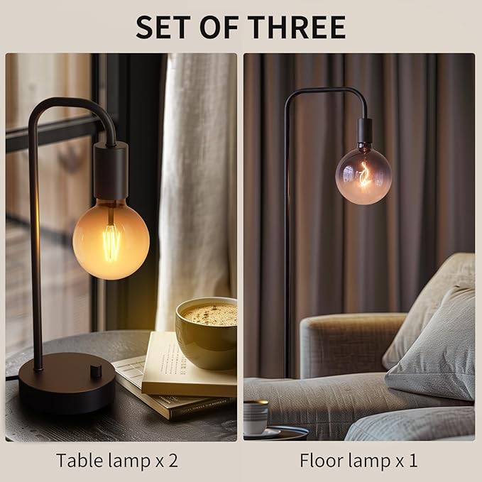 ONEWISH Industrial Lamp Set 3 Piece-1 Floor Lamp and 2 Dimmable Table Lamp- 3 Pack Modern Matching Floor and Table Lamp with Gradient Black Globe Bulb for Living Room,Bedroom(Bulb Included)