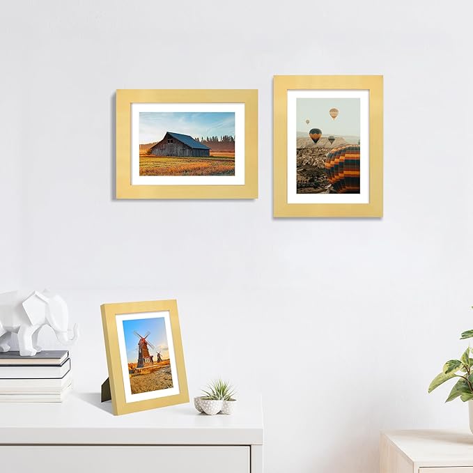 5x7 Picture Frame Set of 4, High Definition Real Glass, Display Pictures 4x6 with Mat or 5x7 Without Mat, Gallery Wall Hanging or Tabletop Photo Frames, Gold