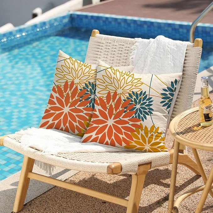 Orange and Yellow Floral Pillow Covers 16x16 Set of 2 Fall Outdoor Waterproof Decorative Throw Pillows Summer Pillowcovers Polyester Cushion Case Decor for Couch Patio Funiture Garden Porch 01Q16