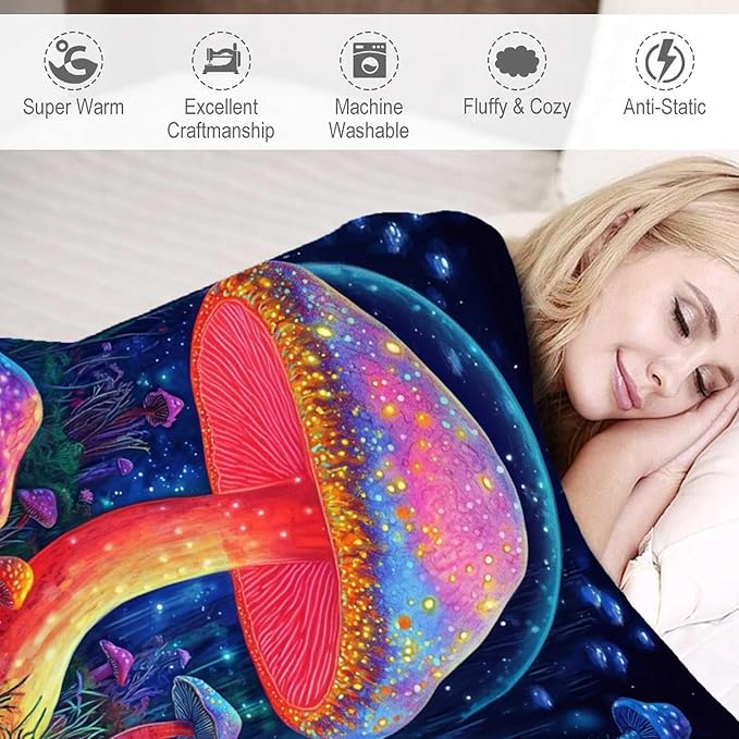 Mushroom Blanket, Mushroom Gifts for Women Men, Hippie Cottage Core Home Decor, Lightweight Fleece for Adults Teens, 50x60 Inches, 310 GSM, Plush No Pilling, Single Sided Printed