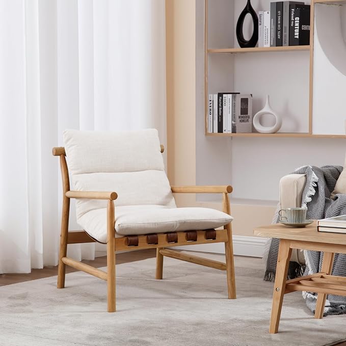 Mid-Century Modern Accent Chair Set of 2 - Solid Wood Lounge Chair with Removable Linen Cushion, Low Back Reading Chair for Living Room/Bedroom/Balcony, Beige Sofa Chair (Easy Assembly)