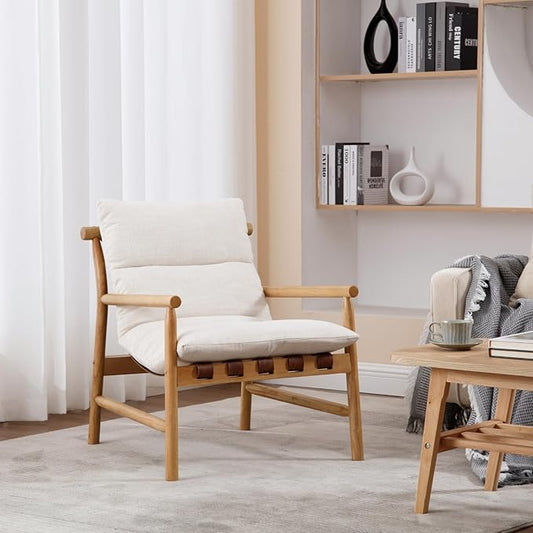 Modern Accent Chair Upholstered Armchair - Solid Wood Lounge Chair with Removable Cushion, Low Back Reading Chair for Living Room/Bedroom/Balcony, Beige Linen Sofa Chair (Easy Assembly)