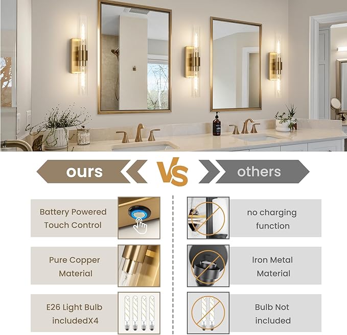 Brass Wall Sconce Set of Two, Battery Operated Wall Sconce, Gold Wall Lamp with Remote Controls, Indoor Non-Hardwired Bedside Wall Sconces, Gold Vanity Light for Bedroom, Vanity, Hallway, etc