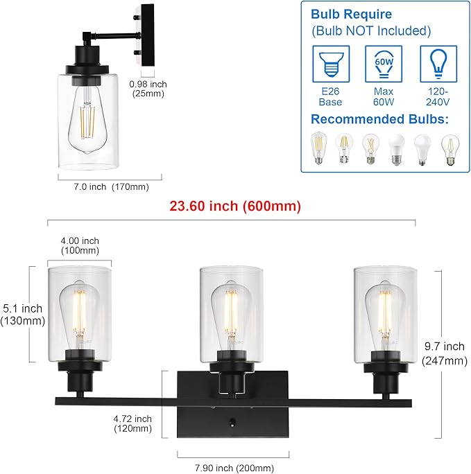 MELUCEE Bathroom Vanity Light Fixtures 24 Inches Length 3 Lights Wall Sconce Black with Clear Glass Shade for Bedroom Living Room Hallway Kitchen (Patent No.: US D963914 S)