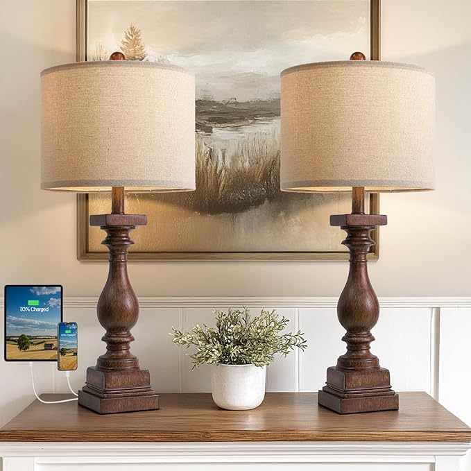 BOBOMOMO 27" Farmhouse Living Room Lamps with USB-A +C Ports, Vintage Rustic Bedside Night Stand Lamps Set of 2, Linen Shade, Retro Side Table Lamps for Living Room, Bedroom, Office, Home Decor