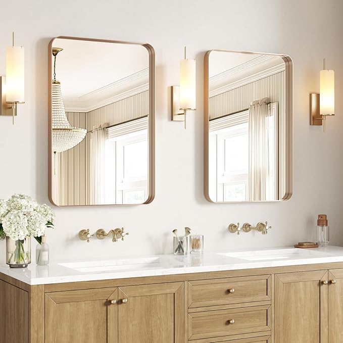 USHOWER Gold Bathroom Mirrors 24"x36" 2 Pack, Brushed Gold Rectangle Mirrors for Over Sink, Rounded Corner, Aluminum Frame, Anti-Rust, Tempered Glass, Horizontal or Vertical Mounted