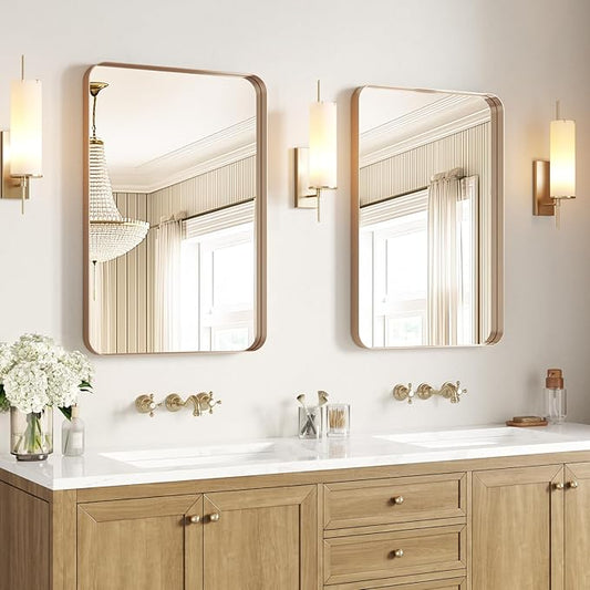 USHOWER Gold Bathroom Mirrors 24"x36" 2 Pack, Brushed Gold Rectangle Mirrors for Over Sink, Rounded Corner, Aluminum Frame, Anti-Rust, Tempered Glass, Horizontal or Vertical Mounted