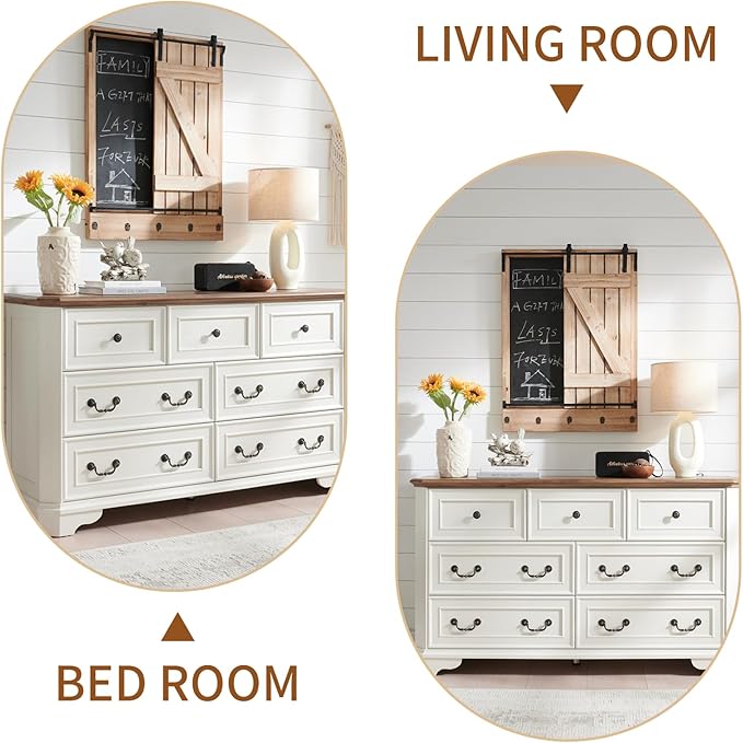 Farmhouse 7 Drawers Dresser for Bedroom, 54" Wide Modern Chest of Drawers with Metal Handle, Farmhouse Dresser TV Stand, Wood Drawer Organizer for Bedroom, Living Room, Hallway (White)