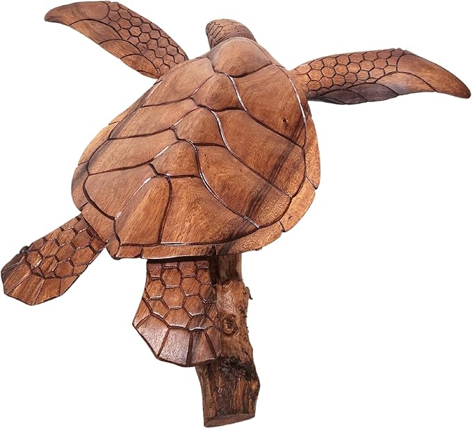 WorldBazzar Beautiful Extra Large Huge Hand Carved Wood Turtle Ocean Coral Statue One of Kind,Brown