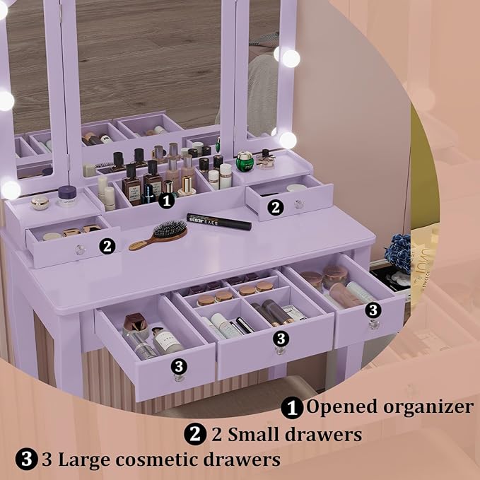 Purple Vanity Desk with Mirror and Lights Purple Vanity for Girls Makeup Vanity Desk with Lights Vanity Table with Lighted Mirror Make Up Vanity Desk with Drawers and Chair Set