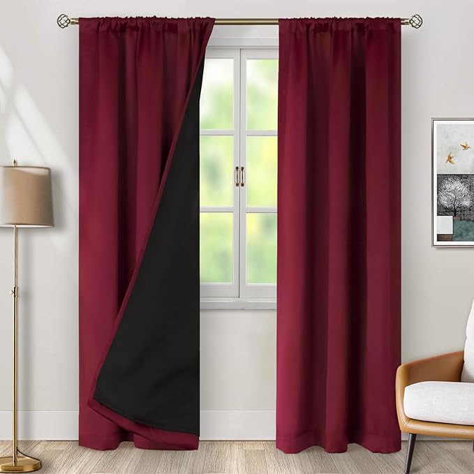 BGment Burgundy Red 100% Blackout Curtains for Bedroom, Black Out Living Room 84 inch Panels with Thermal Liner, Rod Pocket and Back Tab Double Layer Room Darkening Drapes, 2 Panels,Each 38 x 84 Inch