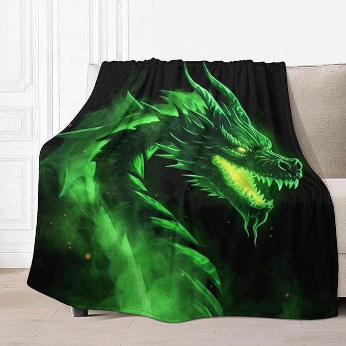Green Fire Dragon Fleece Throw Blankets Twin Size -Thick Fuzzy Warm Soft Twin Large Winter Blanket Throws for Bed 70x80 in