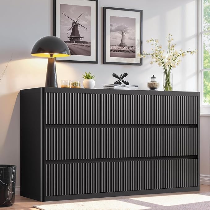 Fluted 9 Drawers Dresser, Wooden Dresser for Bedroom, Curved Profile Design, 57" Wide Modern Chest of Drawers with Texture, Large Dressers TV Stand with Organizer, Black