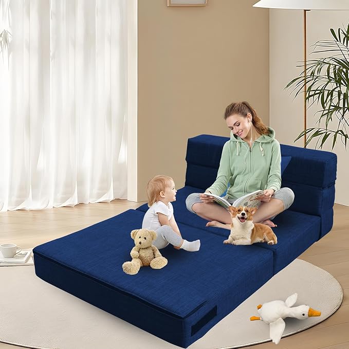 Folding Sofa Bed Couch Memory Foam with Pillow Sleeper Chair Lazy Couch Twin Size Futon Convertible Guest Beds,Washable Cover,Dark Blue