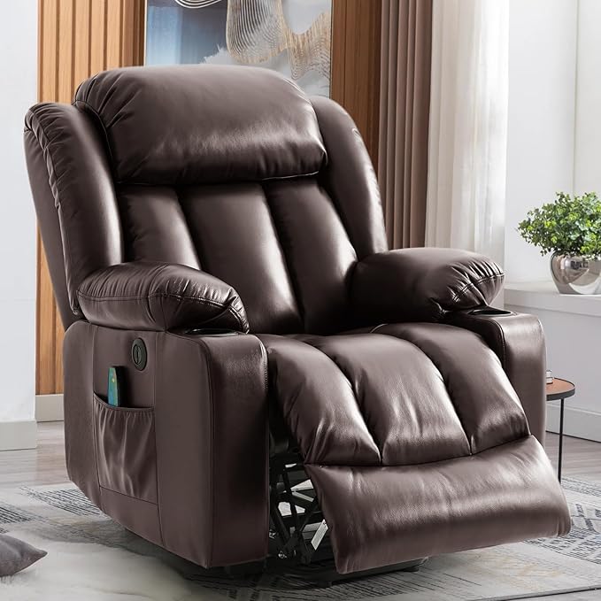 Power Lift Recliner Chair for Elderly, Electric Recliner Chairs for Adults with Massage and Heat, Cup Holders, Remote Control, USB Ports, Side Pockets, Leather (Saddle Brown)