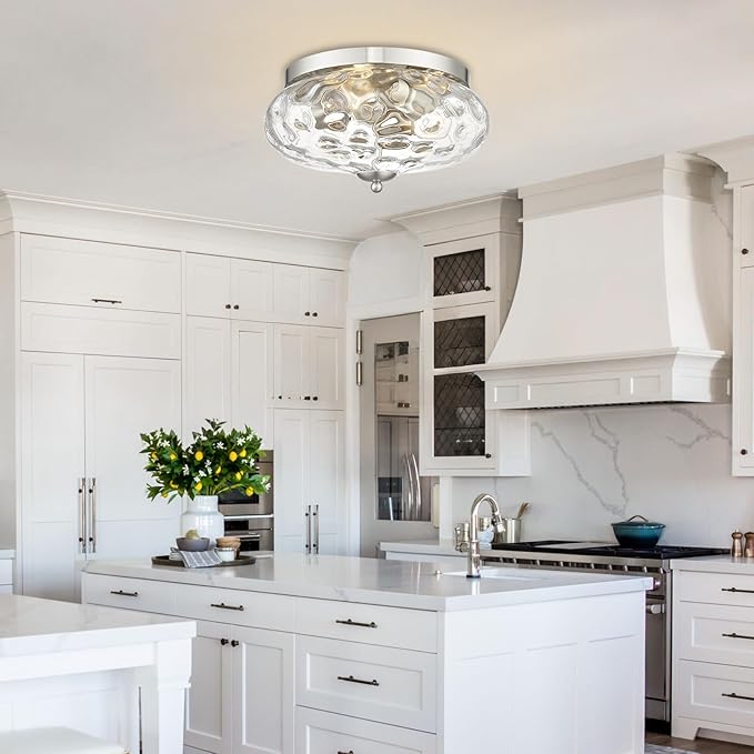 Darkaway Large Ceiling Light Fixtures 3-Ight Flush Mount Indoor Outdoor Ceiling Light with Water ipple Glass Shade for Kitchen Bedroom Living Room Dining Room Entry Porch Nickel Finish