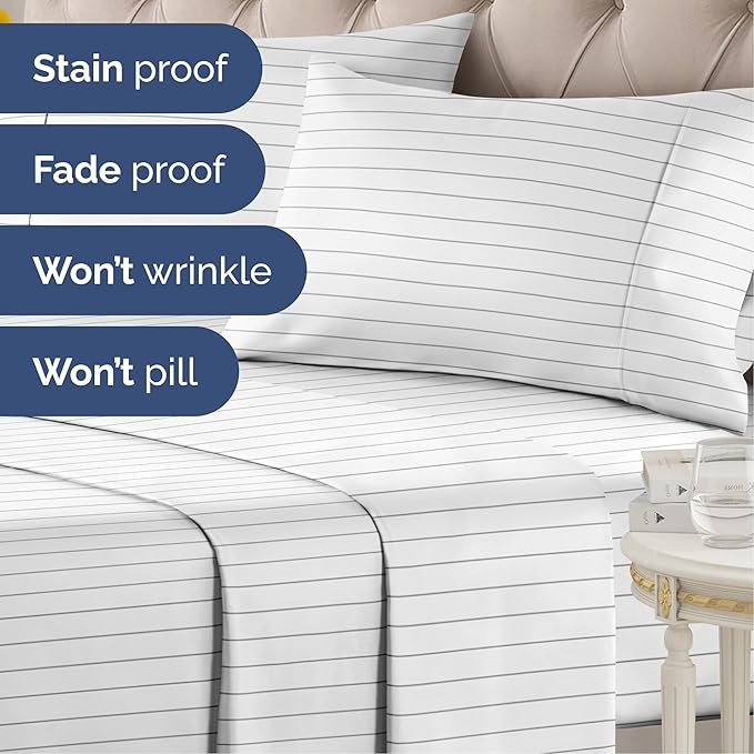 Striped Sheets - Grey Striped Sheets - 1 Flat & 1 Fitted & 1 Pillowcase w/ Deep Pockets – Wrinkle & Fade Resistant - Ultra-Soft, Breathable and Cooling – Luxury Pinstripe Bedding - Twin Size Bed Set