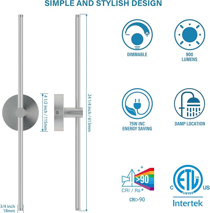 ZAGO 24 Inch LED Indoor Linear Wall Sconces Set of Two, 3CCT Switchable, Brushed Nickel, Hardwired and Wall Mounted, Dimmable for Living Room, Hallway, Bedroom, 120-277V, 14W, 900LM, ETL Certified