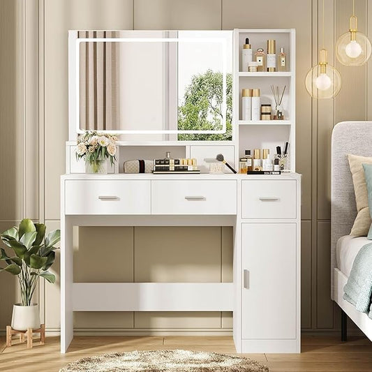 Vanity Desk with Mirror and Lights, Vanity with Soft and Non-Dazzling Lighting,Makeup Vanity with Drawers for Bedroom Dressing Room, Women Girls (White)