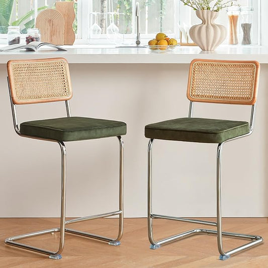Natural Rattan Bar Stools Set of 2 with Solid Wood Back, 24 Inch Mid Century Modern Counter Height Stools, Green Upholstery Boho Stool for Kitchen Counter with Chrome Metal Legs
