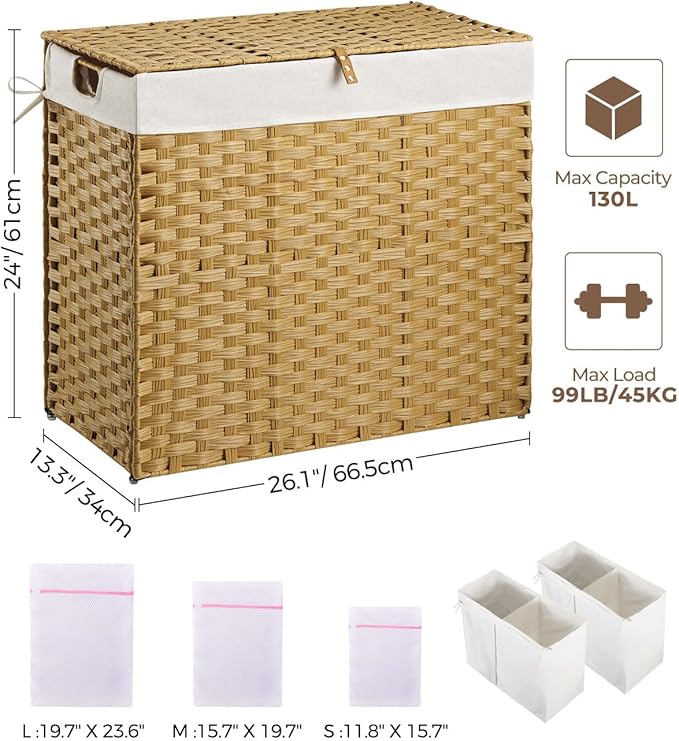 Greenstell Laundry Hamper with lid, No Install Needed, 130L Wicker Laundry Baskets Foldable 2 Removable Liner Bags, 2 Section Clothes Hamper Handwoven Rattan Laundry Basket with Handles, Natural