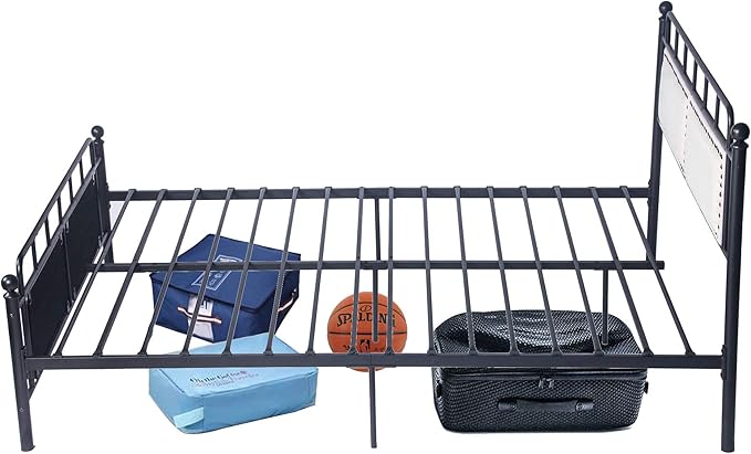 Bed Frame Upholstered Platform Vintage with Tufted Head Board Mattress Foundation with Metal Slats Full Size Industrial for Bedroom Students Kids Adults Storage Under Bed 500lbs (Black Metal 3, Full)