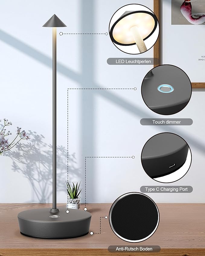 Cordless Table Lamps Rechargeable, 6000mAh Battery Operated LED Desk Lamp Outdoor Waterproof Portable Touch Dimmable Table Light for Patio Restaurant Dining Home Set of 2 Grey