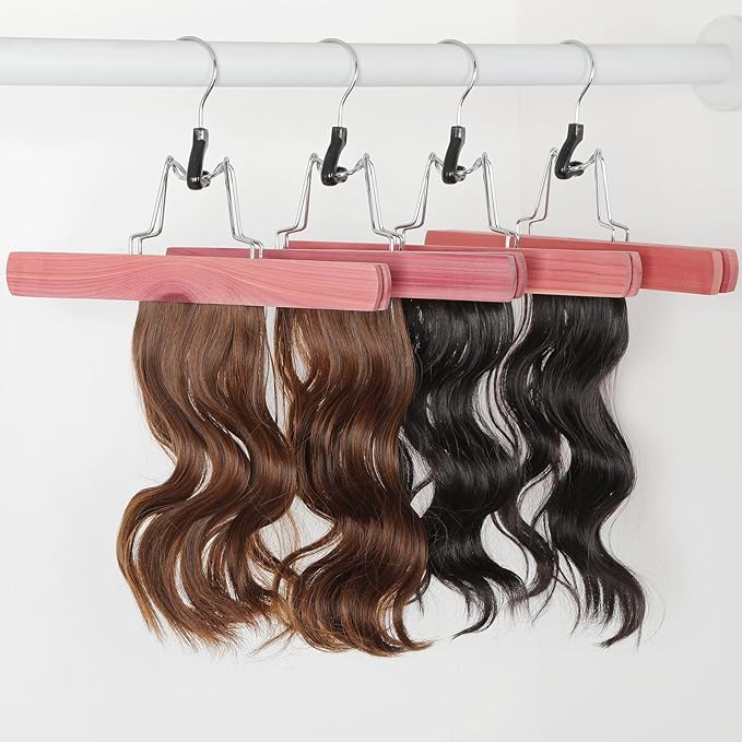 TOPIA HANGER 12 Pack Cedar Pants Hangers, Hair Extension Hangers Non Slip Skirt Hanger Wood Clamp with Velvet Padded 360° Swivel Hook for Jeans, Skirts, Trousers, Wigs CT67C