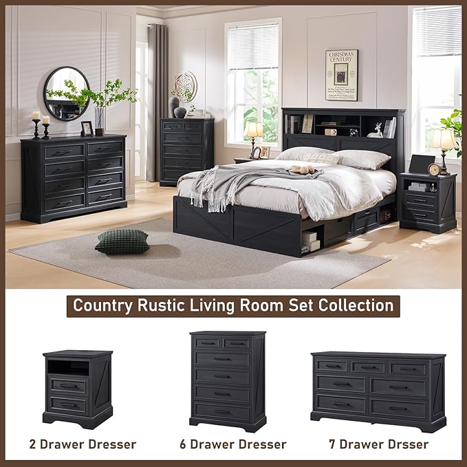 6 Drawer Dresser, Farmhouse Chest of Drawers for Bedroom, 44" Tall Dresser with Large Metal Handles, Wood Drawer Organizer for Living Room, Hallway, Closet - Black