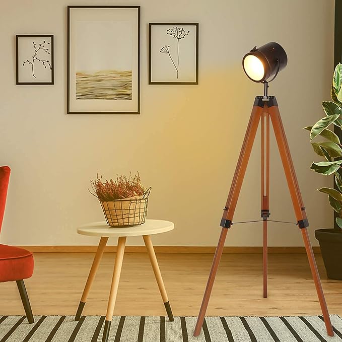 Industrial Vintage Black Tripod Floor Table Lamp - Modern Adjustable Height Wooden Nautical Cinema Searchlight - Spotlight Standing Reading Light for Living Room Bedroom Office Decoration(no Bulb)