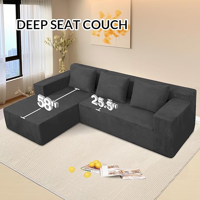 ANONER 103" Modular Sectional Sofa, L-Shaped Cloud Couch with Chaise, Corner Sofa with Deep Seat, Modern Minimalist Boneless Couch, Sectional Couches for Living Room, Apartment (Dark Grey)
